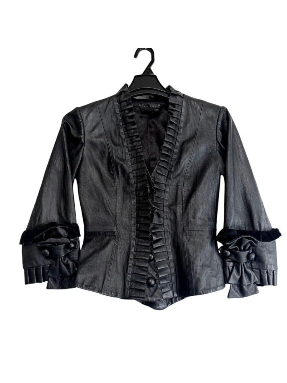 Sheri Bodell Black Lambskin Leather Jacket Womens S Ruffle Cuff Gothic Blazer